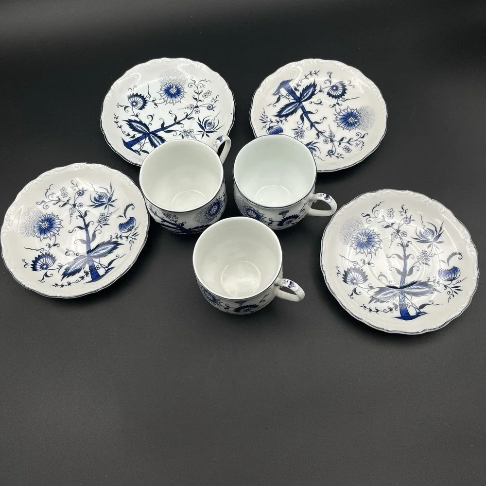 House of Prill Blue Onion Porcelain Japan 3 Cups 4 Saucers Set Vintage